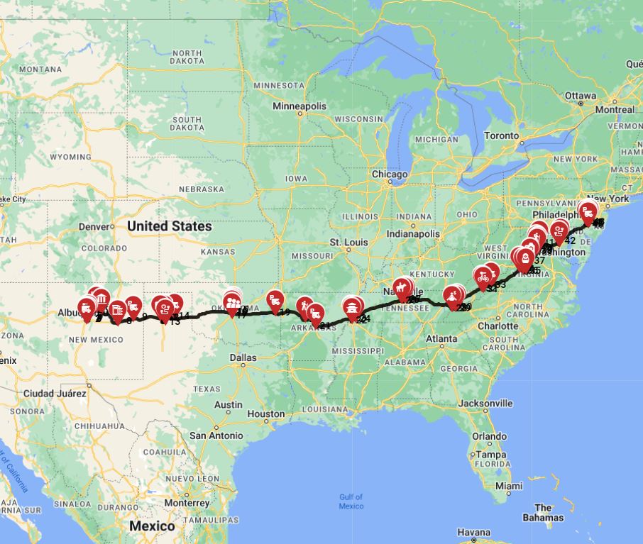 how to plan a motorhome trip route from Albuquerque to Philadelphia